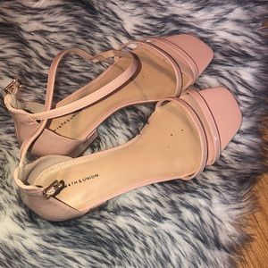 Jemma 14th and Union Blush pink glossy shine small heeled sandals